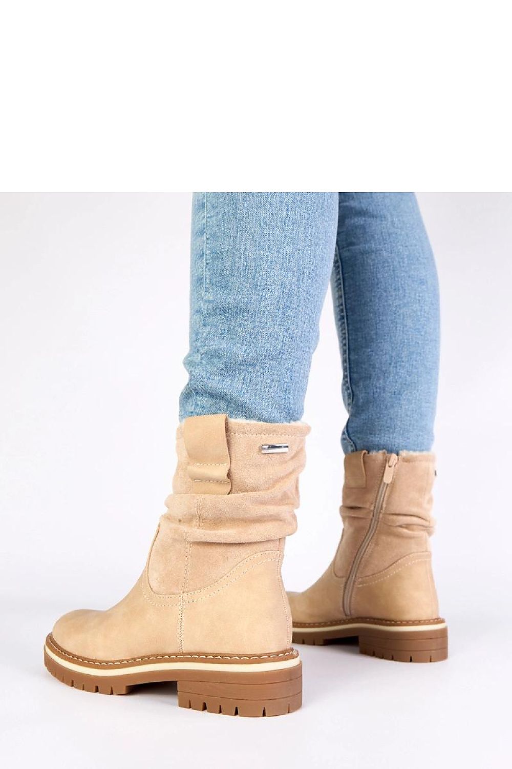 Elegant Beige Pleated Shaft Flat Boots by Solea, designed for the modern woman, showcasing luxurious imitation leather and sophisticated style.