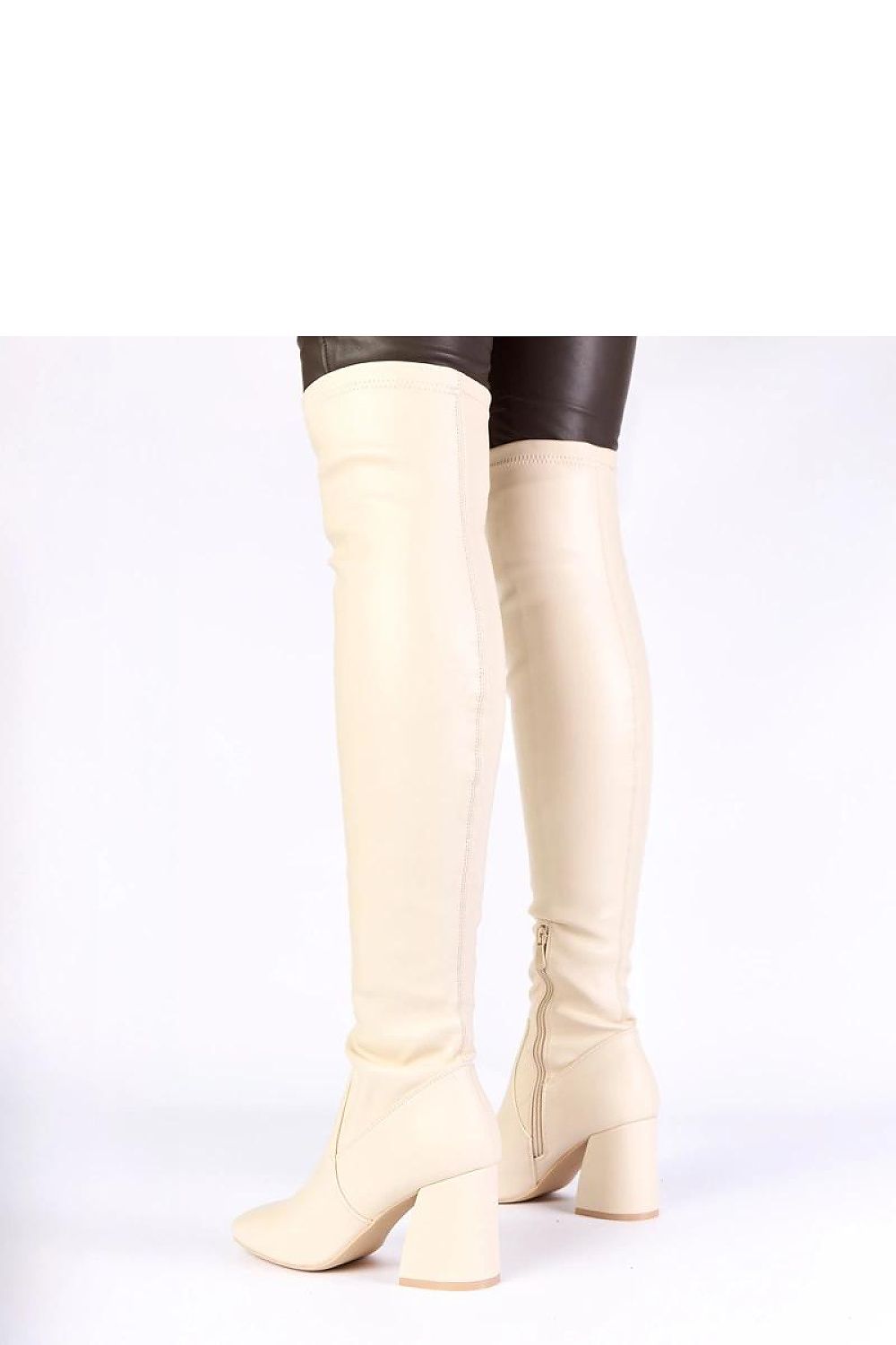 Side view of the sophisticated Beige Knee-High Pole Boots Louna by Gemre, highlighting the 53 cm upper height that flatters and elongates the legs.