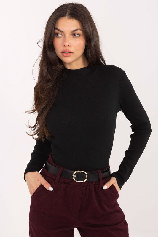 Elegant Casual Long Sleeve Turtleneck Blouse in Cotton-Spandex by Factory Price, showcasing its luxurious ribbed texture and sophisticated silhouette.