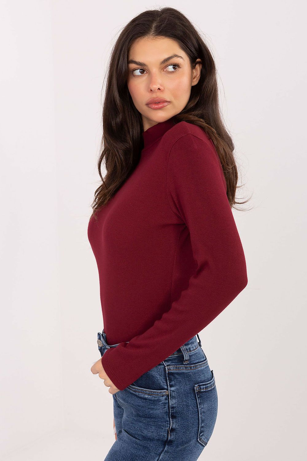 Close-up of the luxurious fabric texture of the Factory Price Elegant Casual Long Sleeve Turtleneck Blouse, highlighting its comfort and sophistication in cotton-spandex.