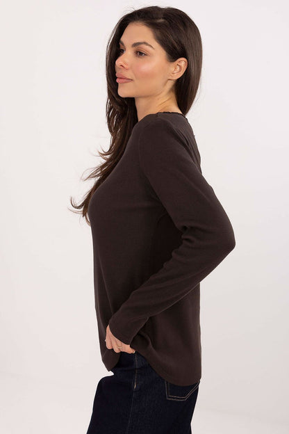 Stylish Ribbed Long Sleeve Blouse from Factory Price, featuring a refined round neckline and long sleeves, exemplifying casual elegance and comfort.