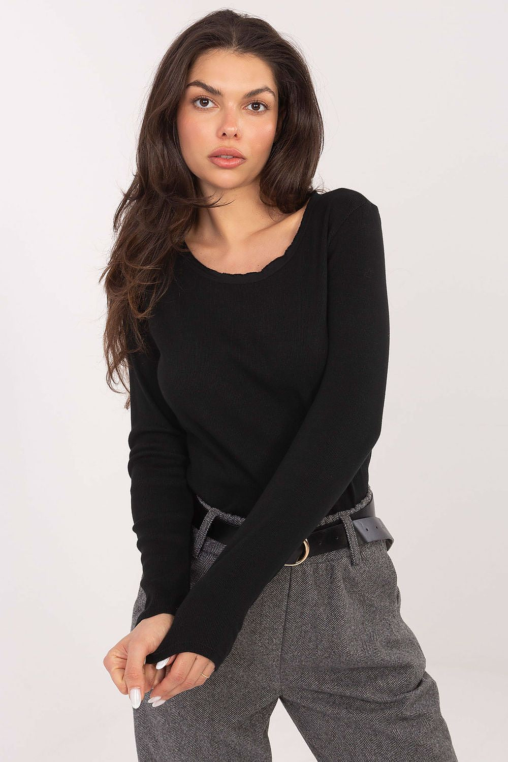 Close-up of Factory Price's stylish ribbed long sleeve blouse, highlighting the textured fabric and unique detailing for a chic look.