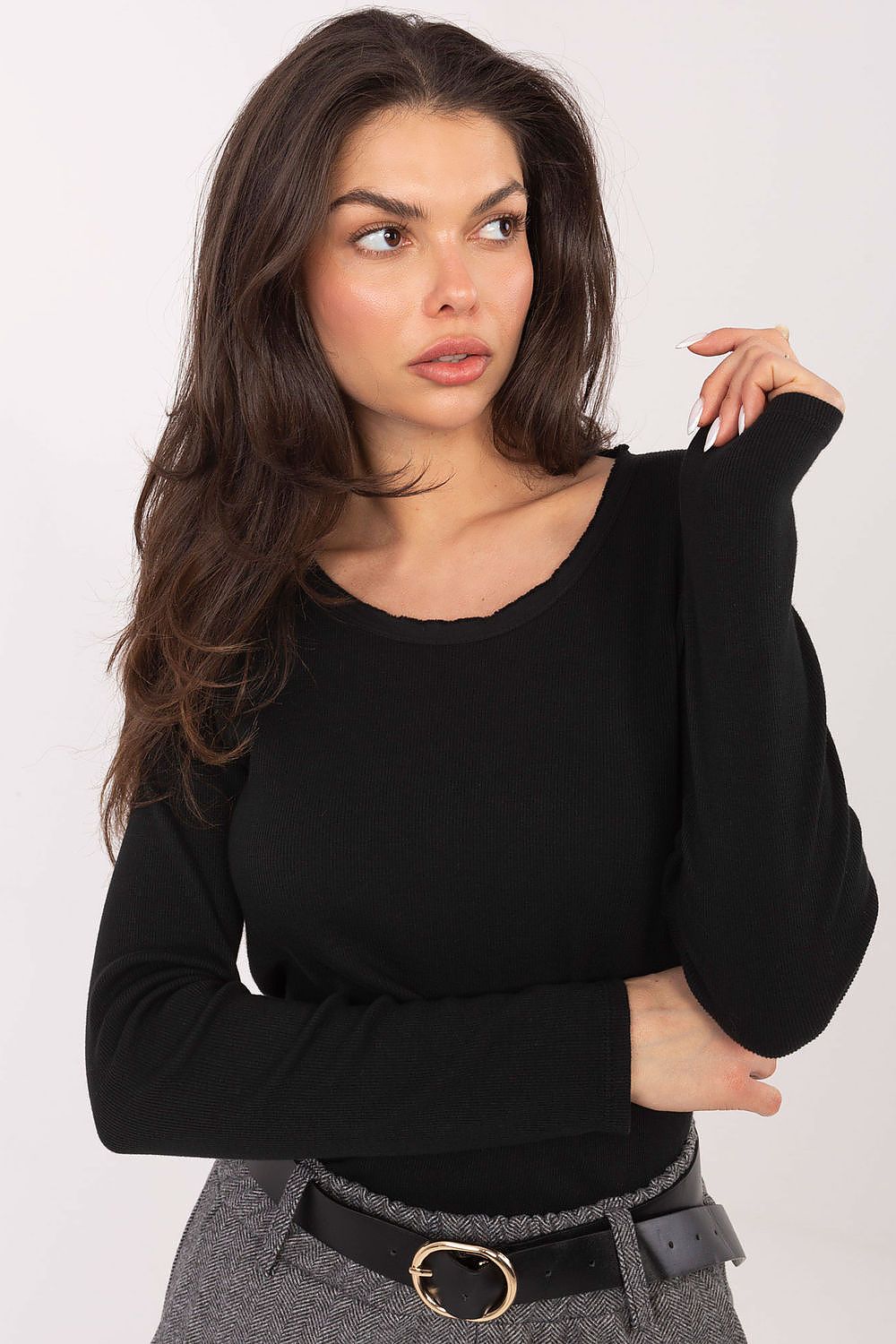 Factory Price's stylish ribbed blouse featuring a classic round neckline, ideal for layering or wearing alone in an elegant outfit.