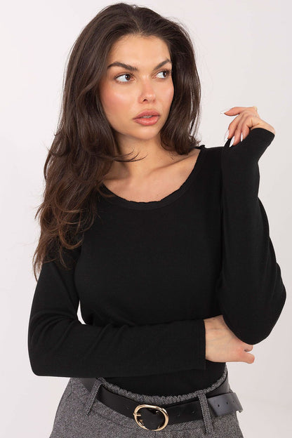Factory Price's stylish ribbed blouse featuring a classic round neckline, ideal for layering or wearing alone in an elegant outfit.
