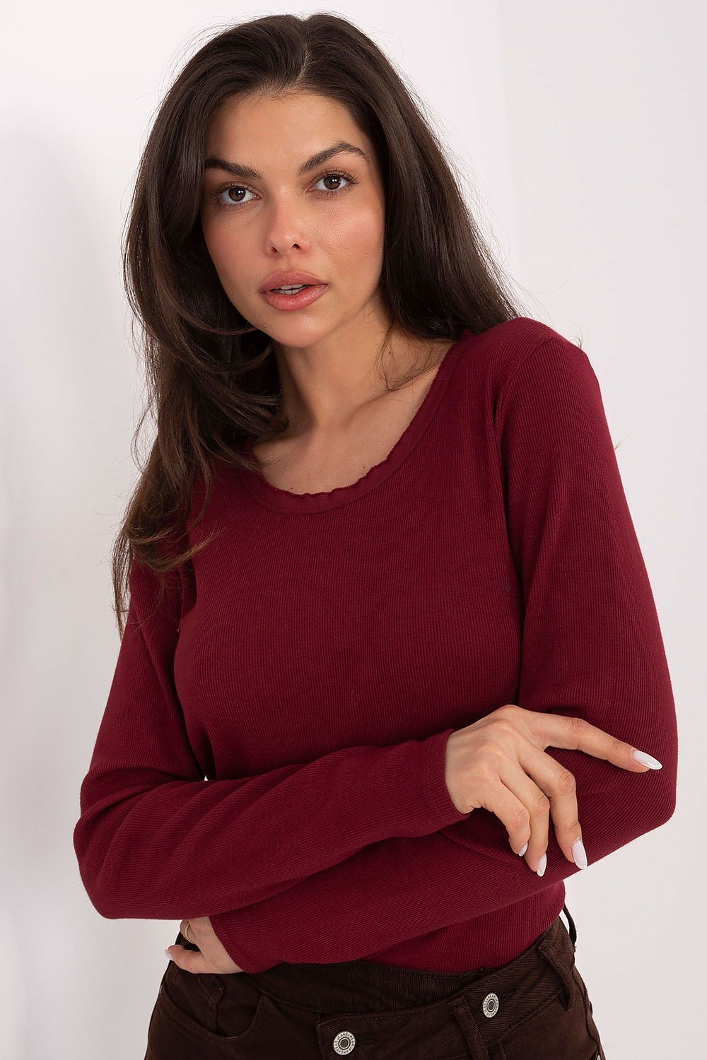 Elegant display of the Stylish Ribbed Long Sleeve Blouse in a versatile colour by Factory Price, suitable for various occasions.