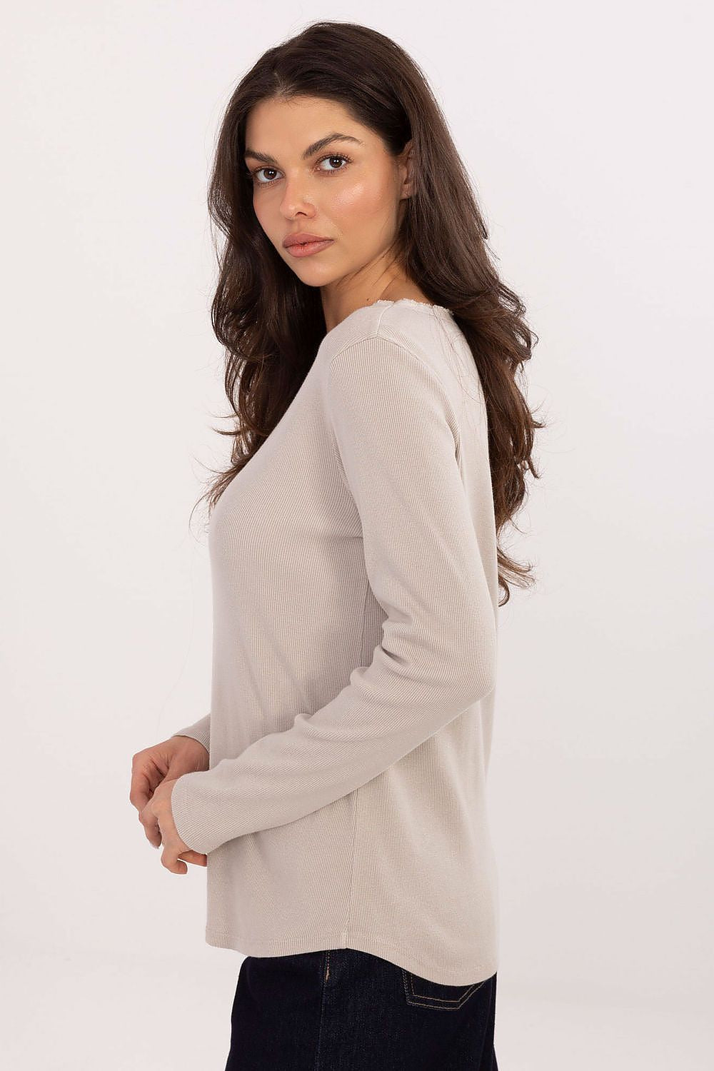 Stylish Ribbed Long Sleeve Blouse in a luxurious cotton and spandex blend, designed by Factory Price, showcasing elegant details with a flattering fit, perfect for both casual and elegant occasions.