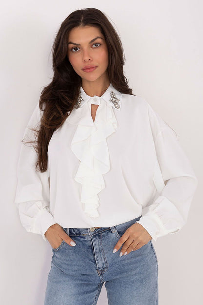 Back view of the Elegant Long-Line Polyester Blouse by Factory Price, showcasing its unique design and luxurious fabric for an elevated wardrobe.