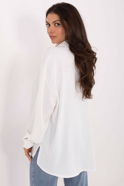 Elegant Long-Line Polyester Blouse with Puff Sleeves and Decorative Collar from Factory Price, showcasing a sophisticated silhouette and luxurious details, perfect for special occasions.