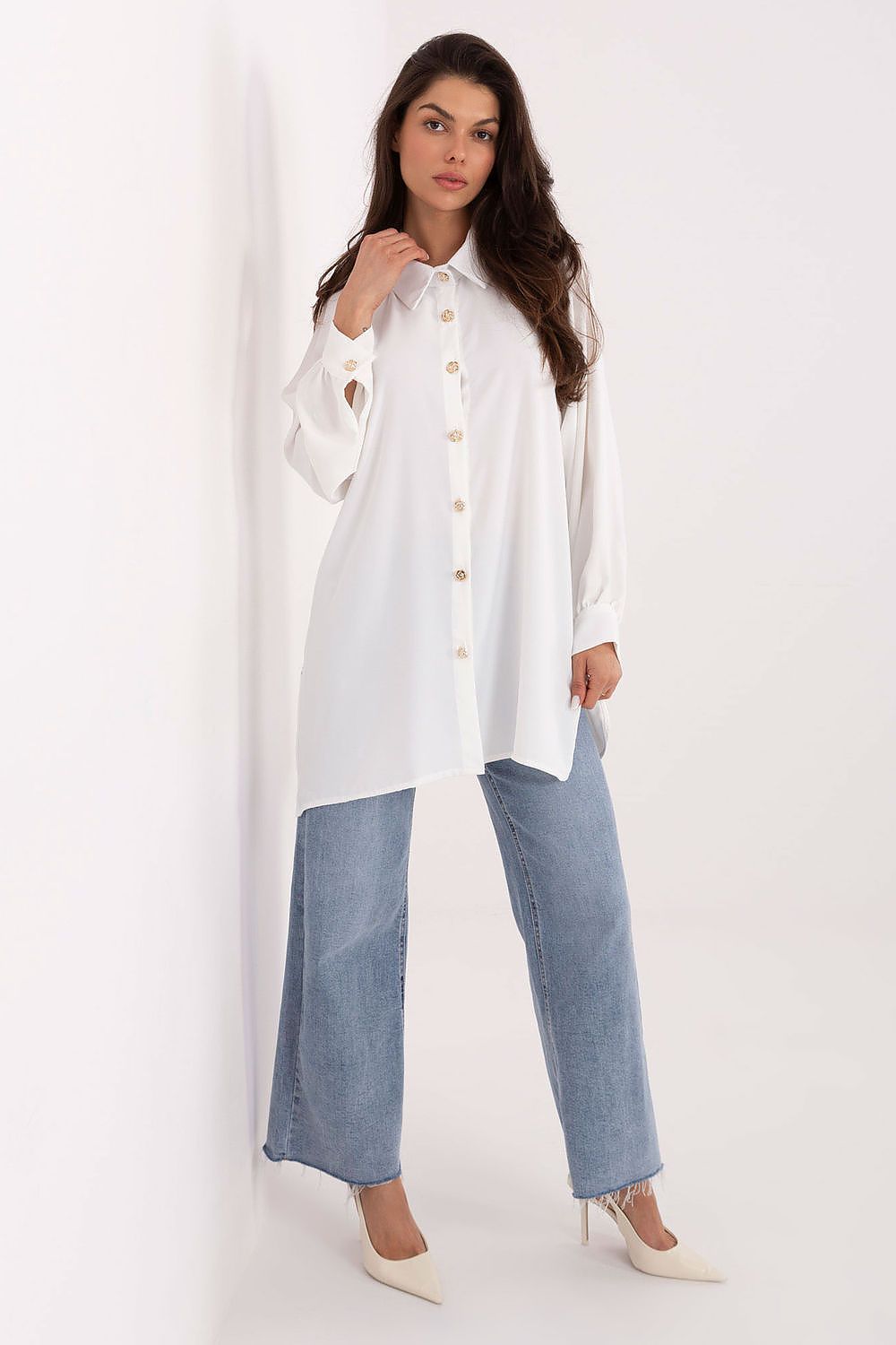 Beautifully draped long sleeve women's shirt by Factory Price featuring a classic collar, perfect for casual and formal settings.