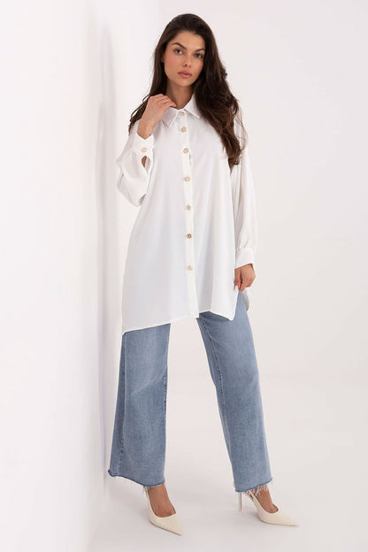 Beautifully draped long sleeve women's shirt by Factory Price featuring a classic collar, perfect for casual and formal settings.