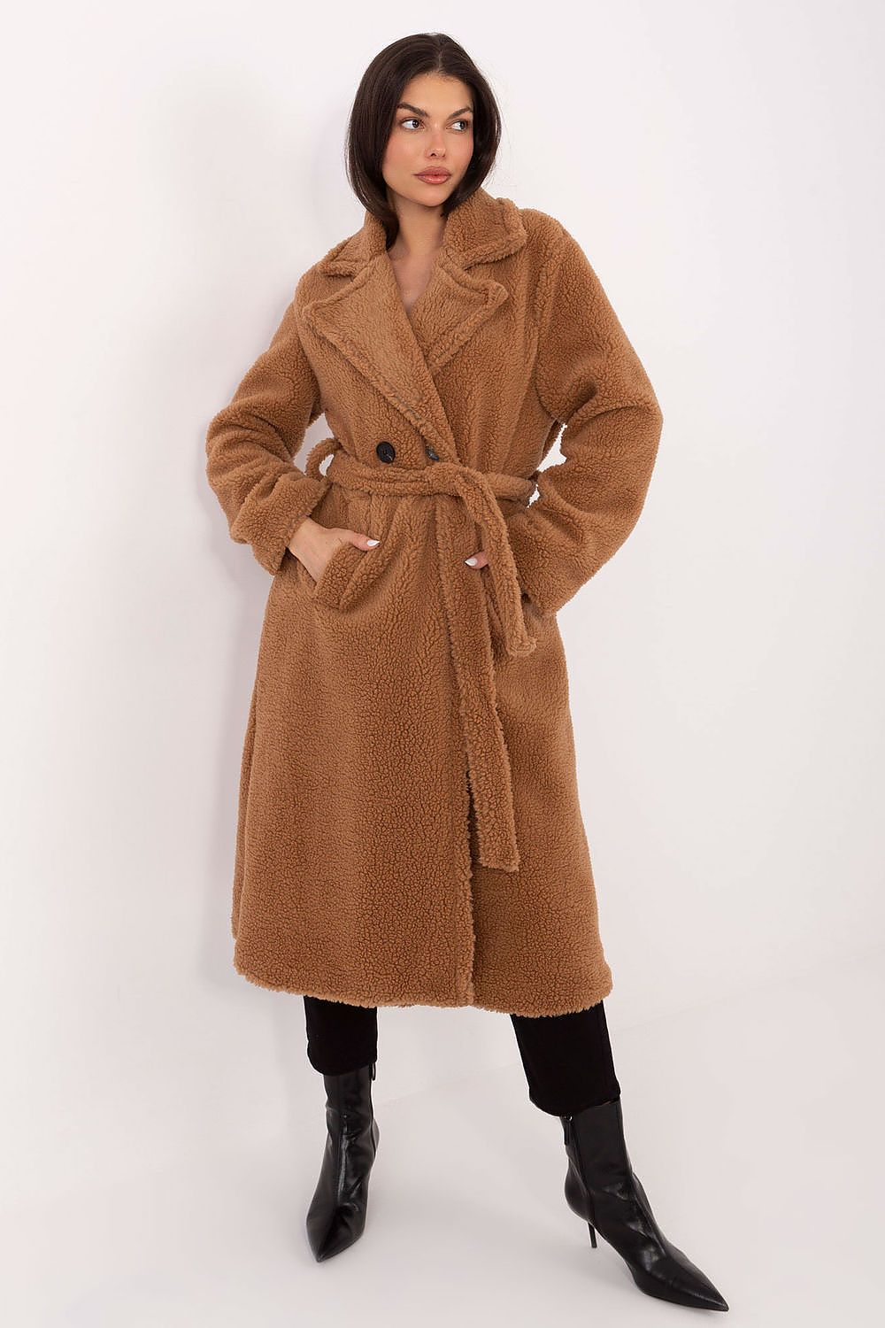 Close-up image of the wide collar and long sleeves of the Elegant Women's Knee-Length Shearling Coat by Factory Price.