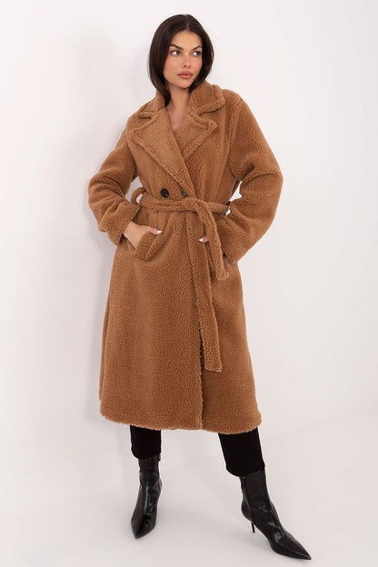 Close-up image of the wide collar and long sleeves of the Elegant Women's Knee-Length Shearling Coat by Factory Price.