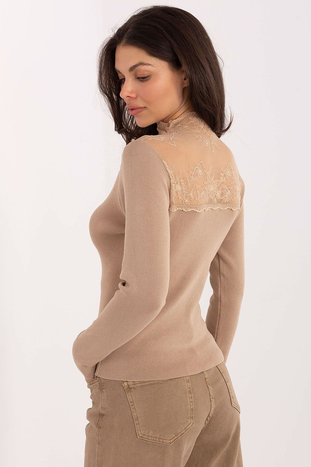 Full view of the stylish Elegant Women’s Blouse with Lace Insert by Factory Price, perfect for both casual and formal occasions, tailored to enhance the feminine silhouette.