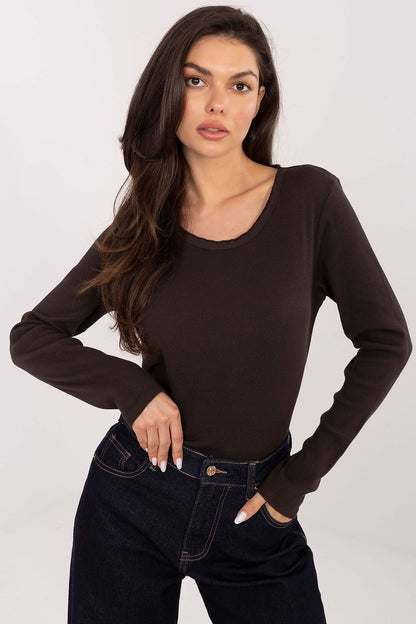 Stylish ribbed long sleeve blouse by Factory Price, crafted from premium cotton and spandex blend, showcasing elegant design and comfort.