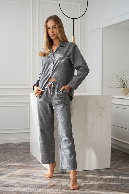 Elegant Women's 100% Cotton Pyjama Set by L&L Collection featuring a luxurious button-down shirt and loose pants, perfect for stylish loungewear.
