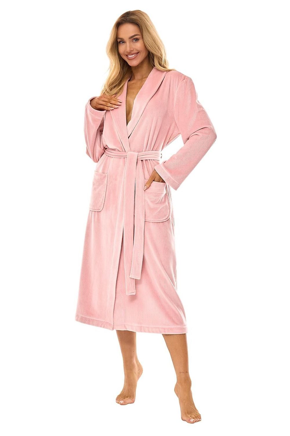 Elegant knee-length women's bathrobe with pockets by L&L Collection, crafted from premium polyester for ultimate comfort and sophistication.