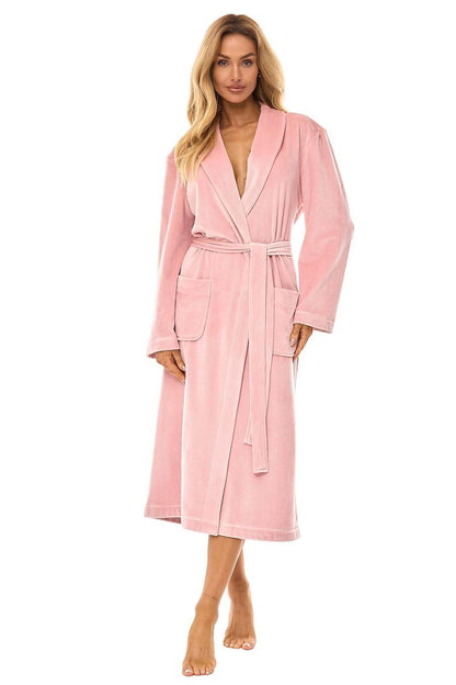 Luxury knee-length women's bathrobe featuring practical pockets and a flattering waist tie from L&L Collection, ideal for stylish home relaxation.