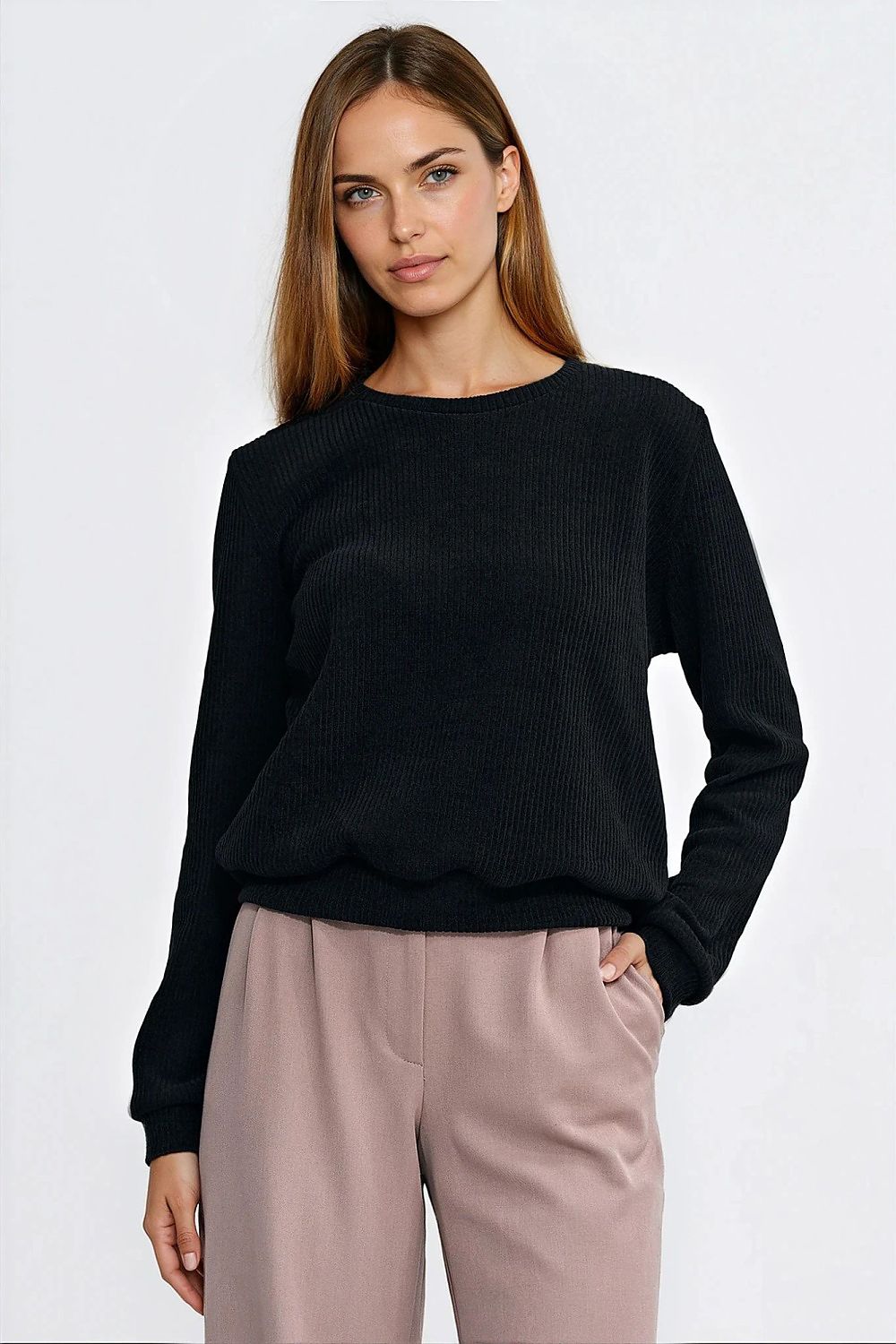 Luxury Ribbed Knit Sweatshirt by Nife displayed in a stylish setting, highlighting its elegant ribbed texture and flattering classic round neckline.