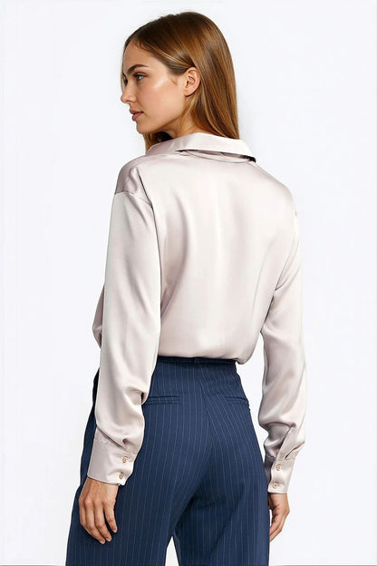 Nife Elegant Satin Effect Shapewear Body featuring long sleeves and classic collar, designed for comfort and sophistication.