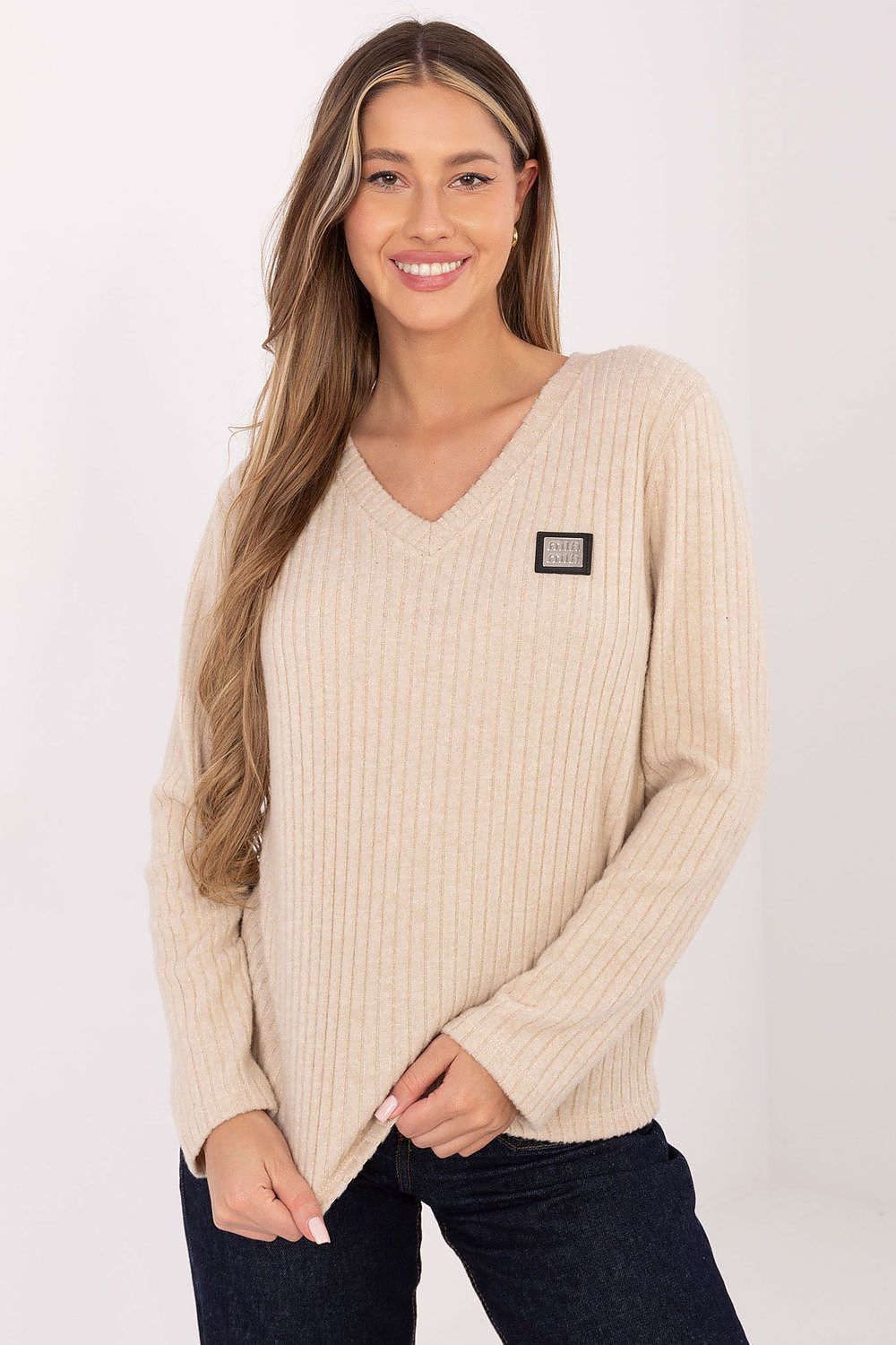 Elegant V-Neck Cotton Blend Sweater for Women by Relevance, showcasing a luxurious fabric blend for sophisticated everyday wear.