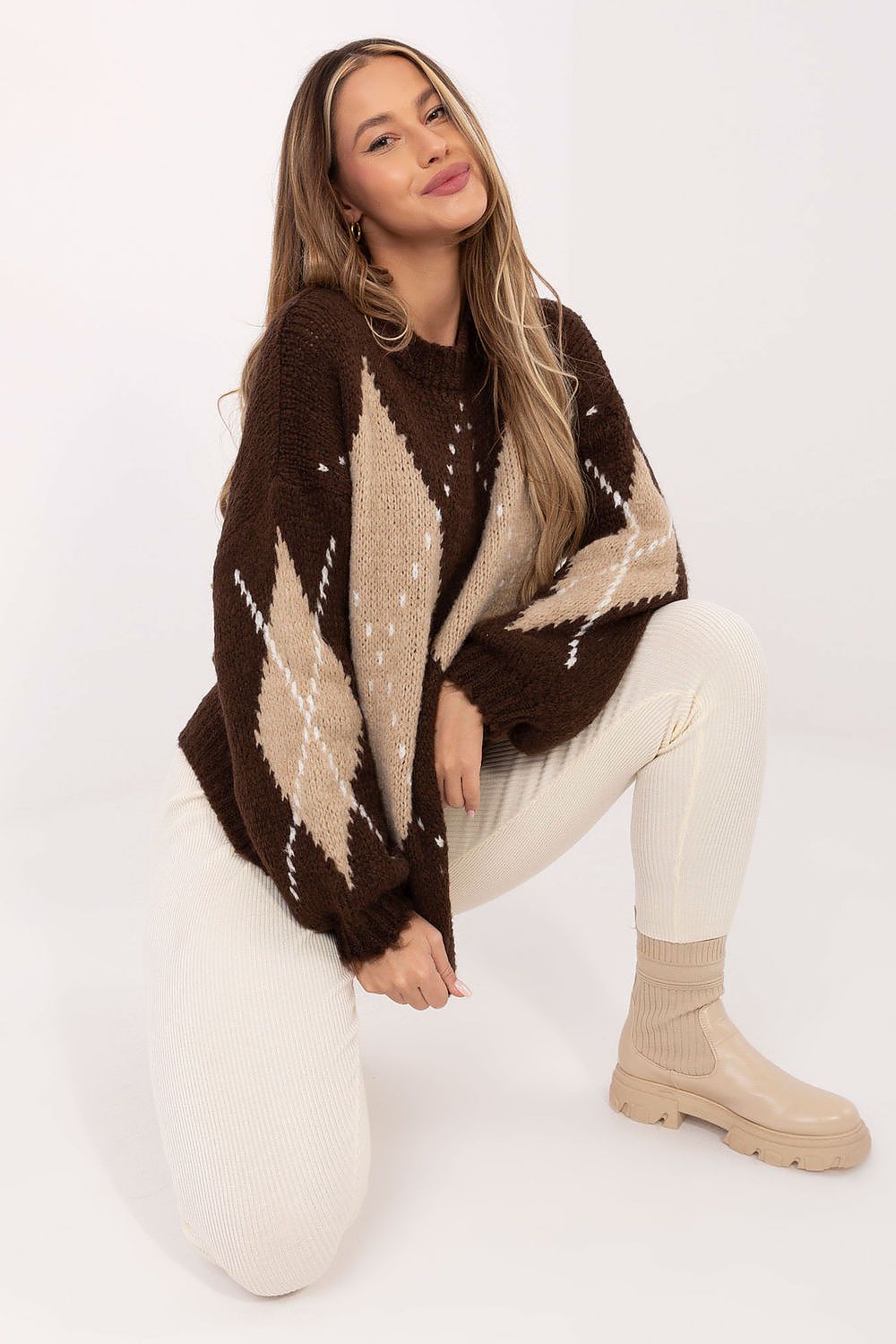 Luxury Women’s Geometric Pattern Sweater with Puffy Sleeves by Italy Moda, showcasing a stylish design and sophisticated fabric blend for a chic casual look.