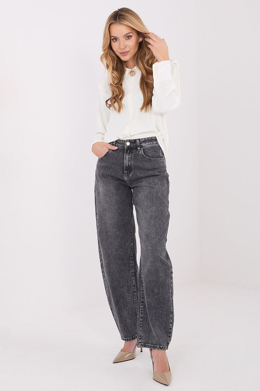 Front view of the Elegant Long Sleeve Shirt by Italy Moda showcasing its classic collar and delicate brooch, ideal for sophisticated styling.