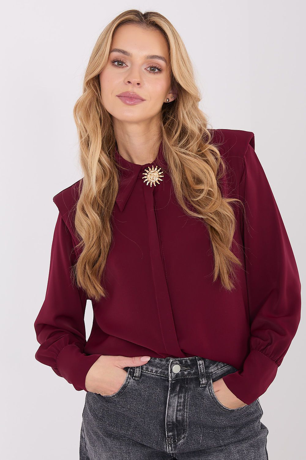 Elegant long sleeve shirt by Italy Moda featuring a classic collar and delicate brooch, perfect for chic styling.