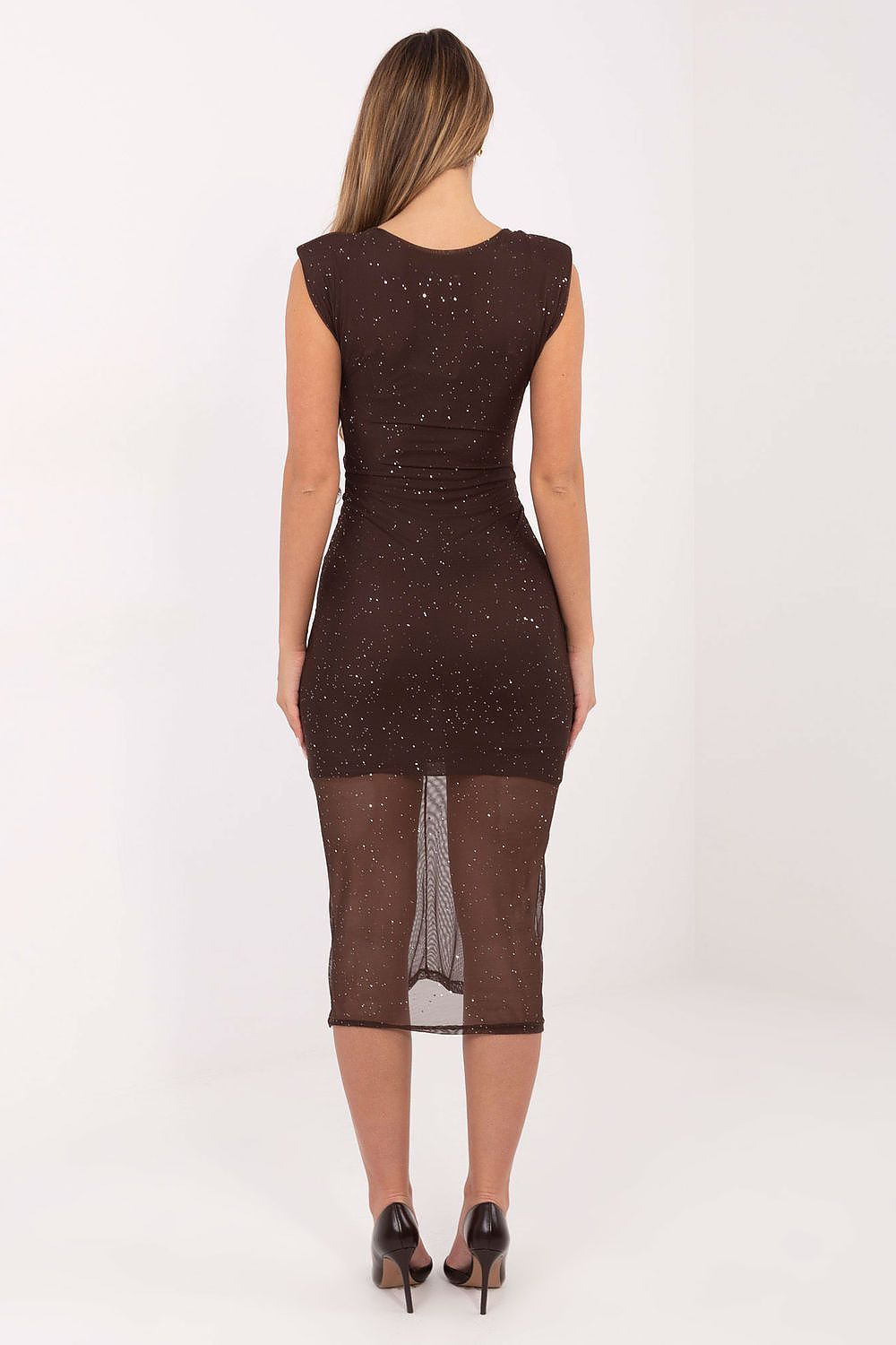 Italy Moda elegant midi evening dress featuring a sweetheart neckline and decorative brooches, showcasing its luxurious design and tailored silhouette.