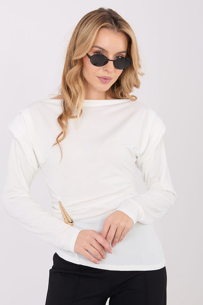Elegant long sleeve blouse with boat neck and ruching detail, designed by Italy Moda for a luxurious look, ideal for both casual and formal occasions.