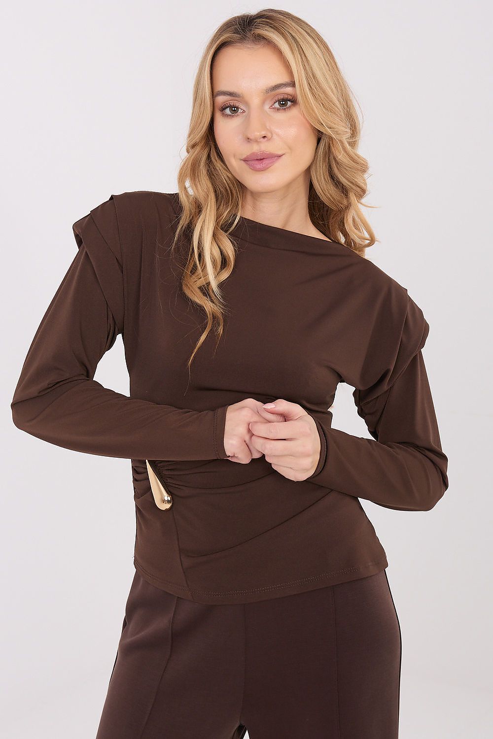 Luxurious back view of the Elegant Long Sleeve Blouse by Italy Moda, highlighting the chic silhouette and elegant details perfect for versatile styling.