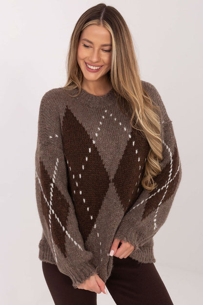 Luxurious Women's geometric pattern sweater by Italy Moda featuring puffy sleeves and round neckline, perfect for casual elegance.