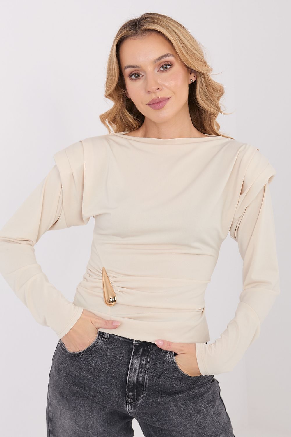 Stylish flat lay of Italy Moda's long sleeve blouse, emphasizing the boat neck and versatility for day-to-night transition in any wardrobe.