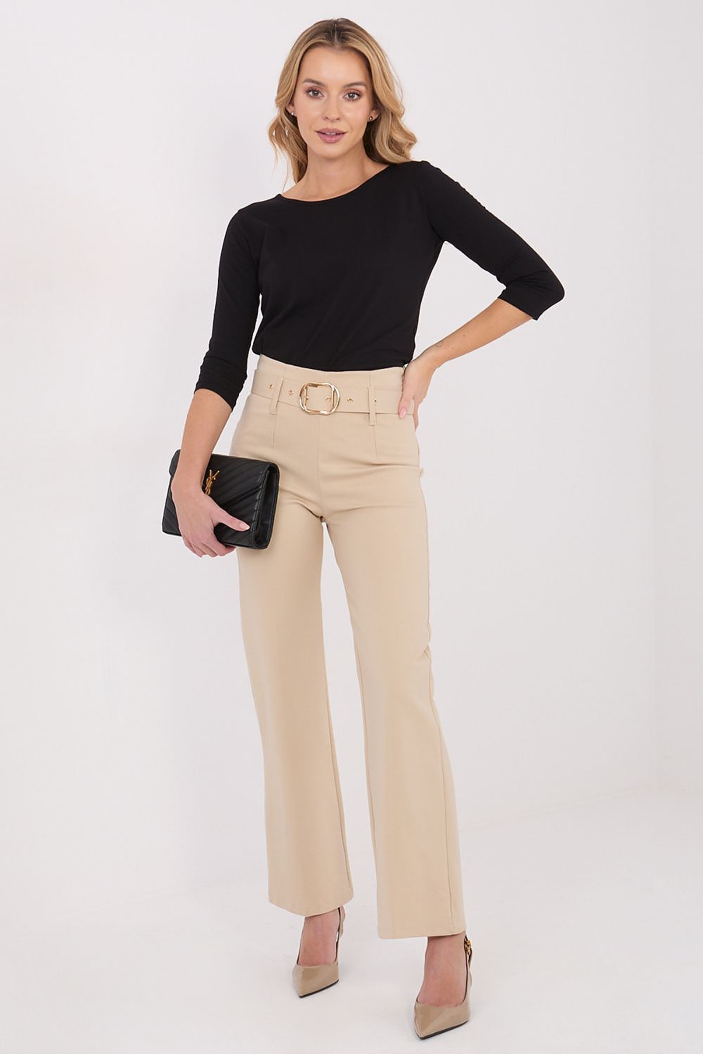 Italy Moda high waist women’s trousers styled with an adjustable belt, emphasizing an elegant and polished appearance.