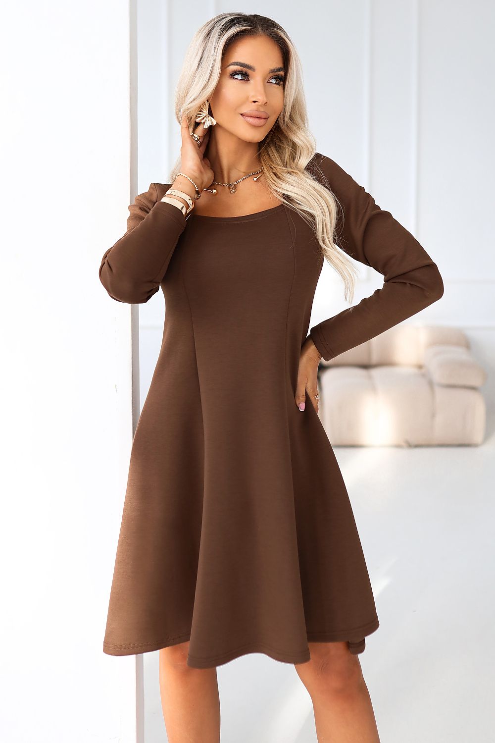 Elegant Ivana Chocolate Daydress by Numoco, showcasing its minimalist design and flattering silhouette.