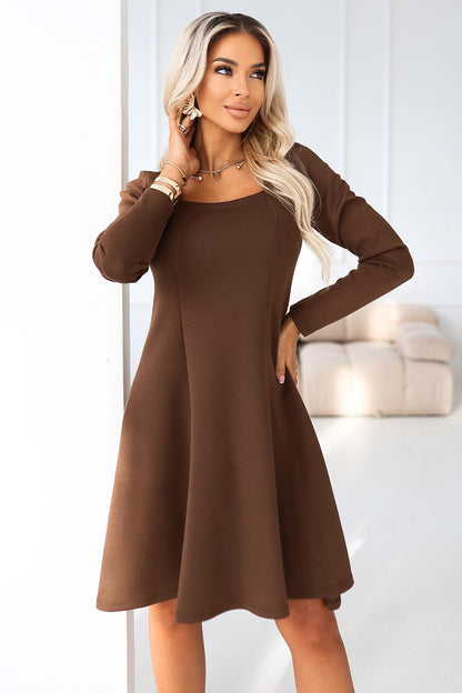 Elegant Ivana Chocolate Daydress by Numoco, showcasing its minimalist design and flattering silhouette.