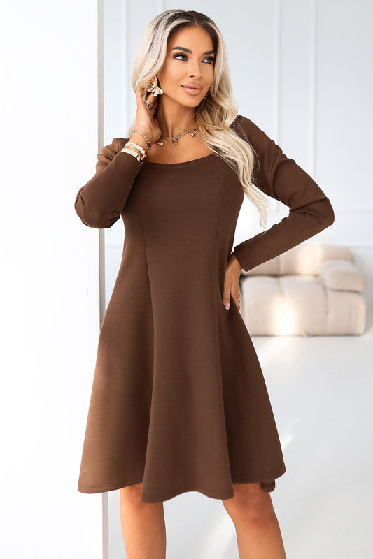 Elegant Ivana Chocolate Daydress by Numoco, showcasing its minimalist design and flattering silhouette.