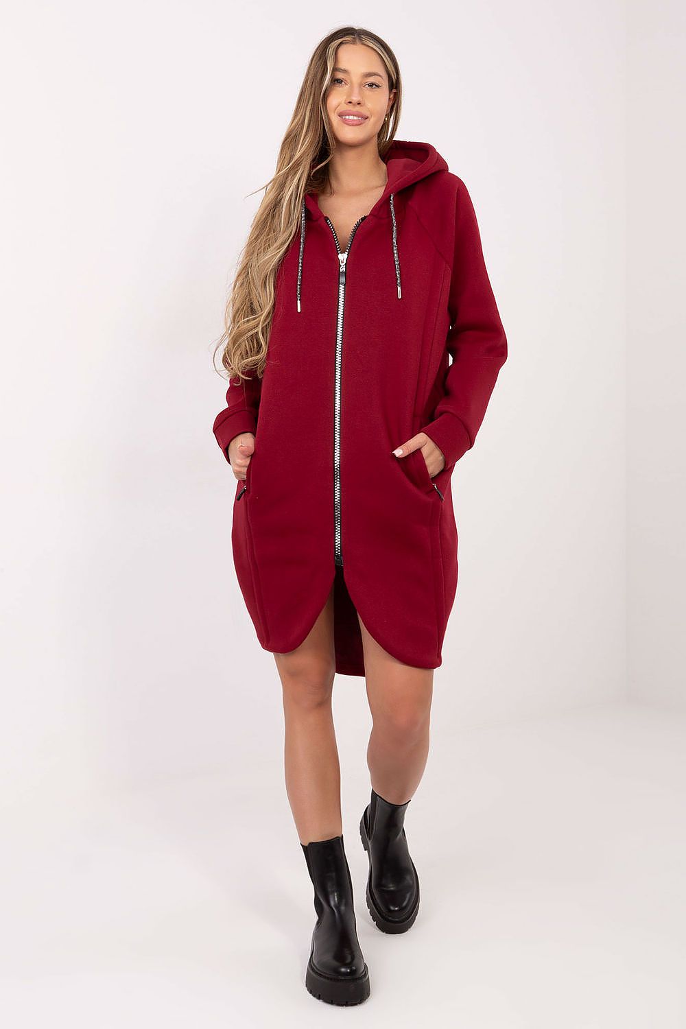 Luxury Women's Long Hoodie Blouse by Relevance featuring a full-length zipper and zippered pockets, made from soft cotton and spandex blend for ultimate comfort.