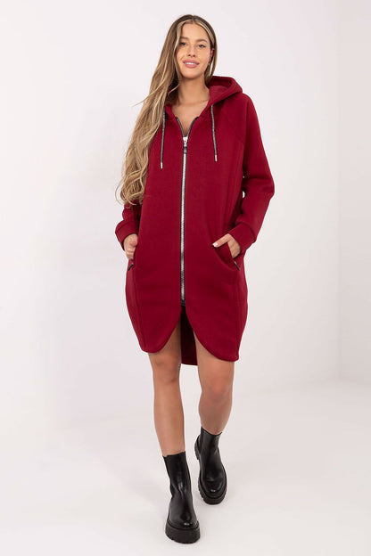 Luxury Women's Long Hoodie Blouse by Relevance featuring a full-length zipper and zippered pockets, made from soft cotton and spandex blend for ultimate comfort.