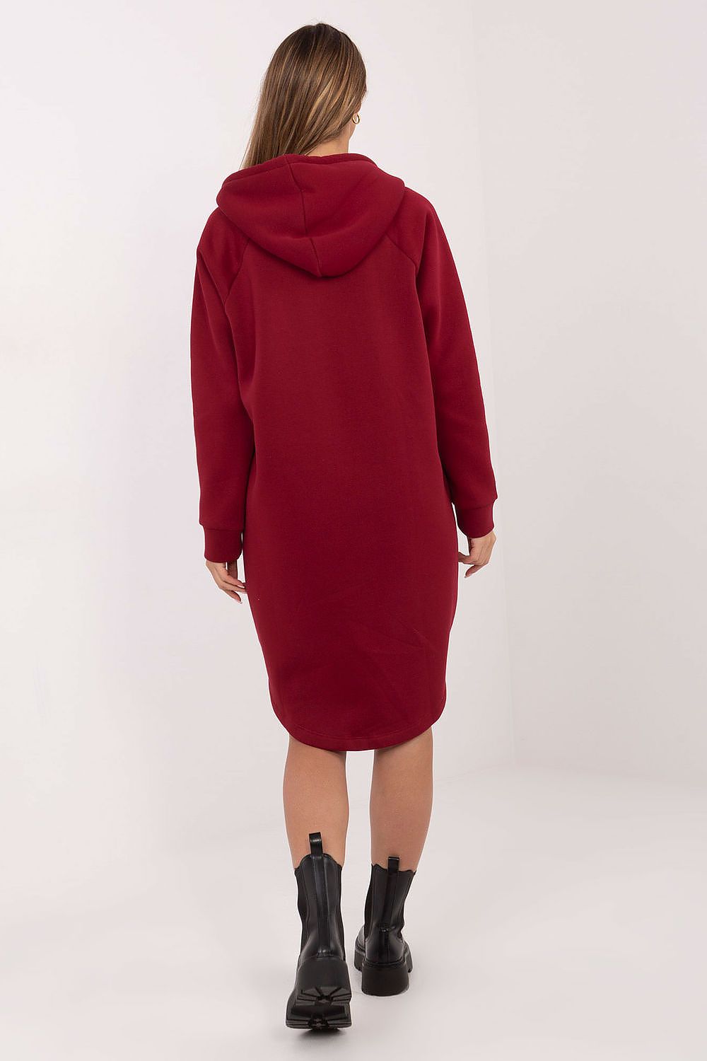 Stylish back view of the Luxury Women's Long Hoodie Blouse from Relevance, highlighting the longer back design for a modern silhouette.