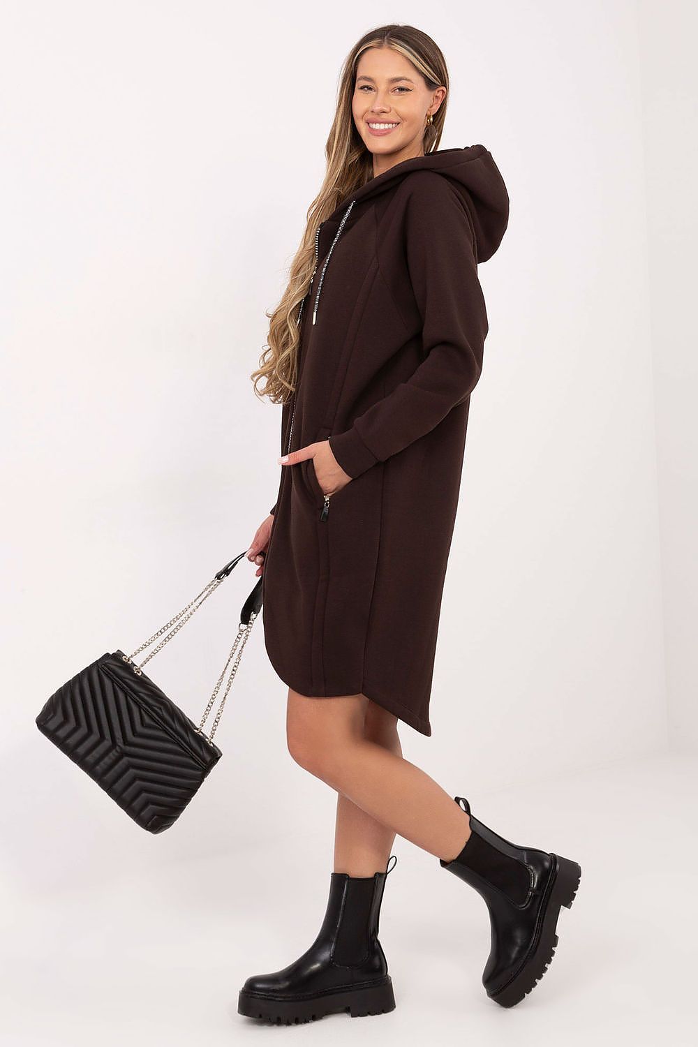 Luxury Women's Long Hoodie Blouse by Relevance, embellished with practical zippered pockets and a chic hood for enhanced functionality.