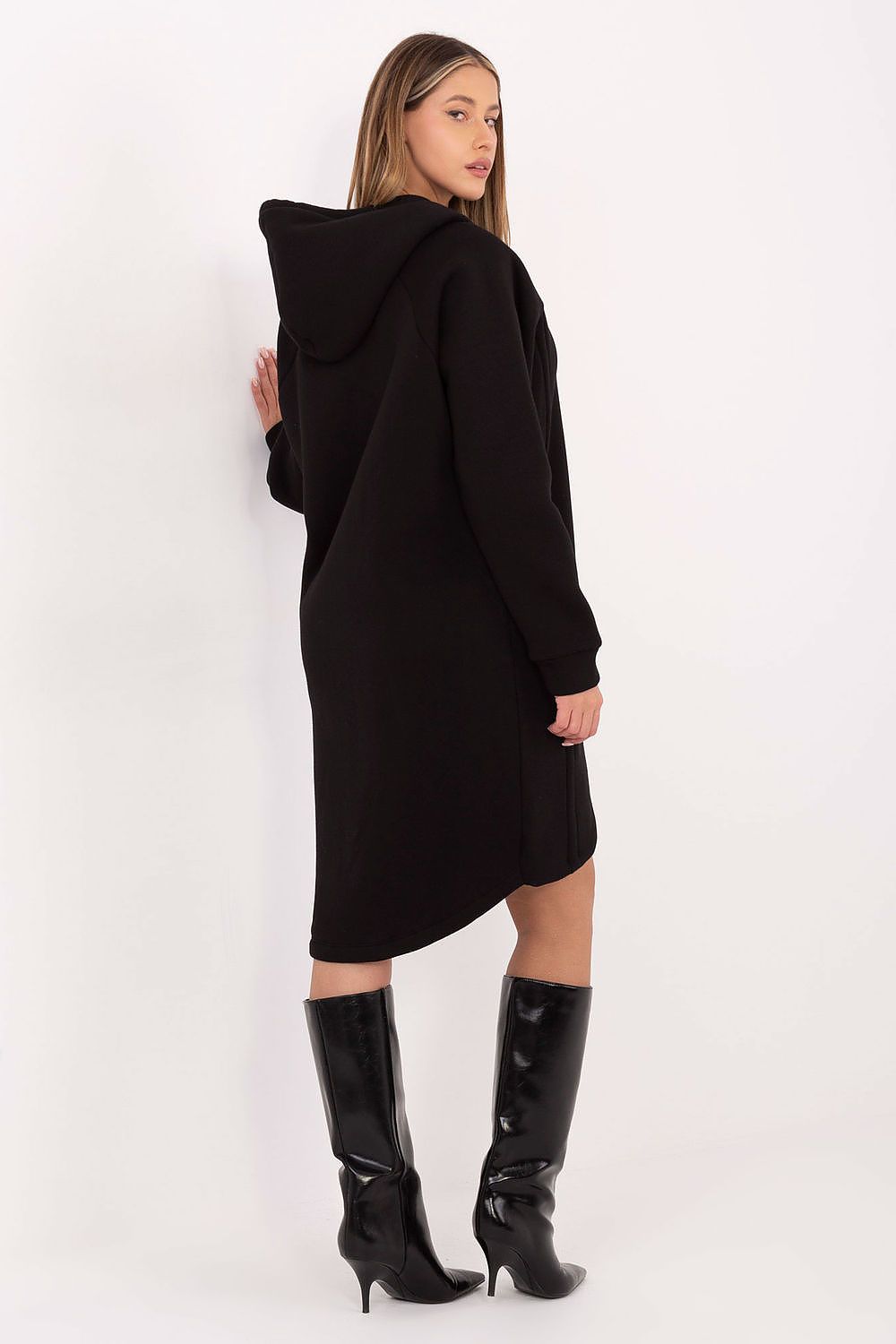 Elegant Luxury Women's Long Hoodie Blouse from Relevance, featuring a smooth cotton and spandex blend, with zippered pockets and a modern silhouette perfect for cool weather. Size EU 0, measuring 94 cm in length.