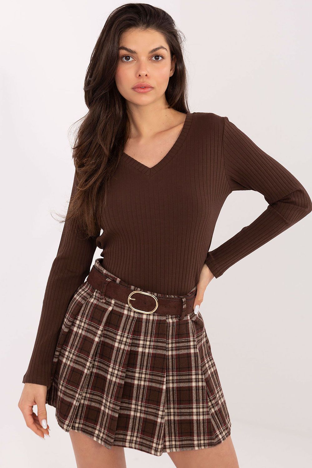 Elegantly styled cotton blend V-neck blouse for women by Rue Paris, showcasing a sophisticated and modern design suitable for both casual and office wear.