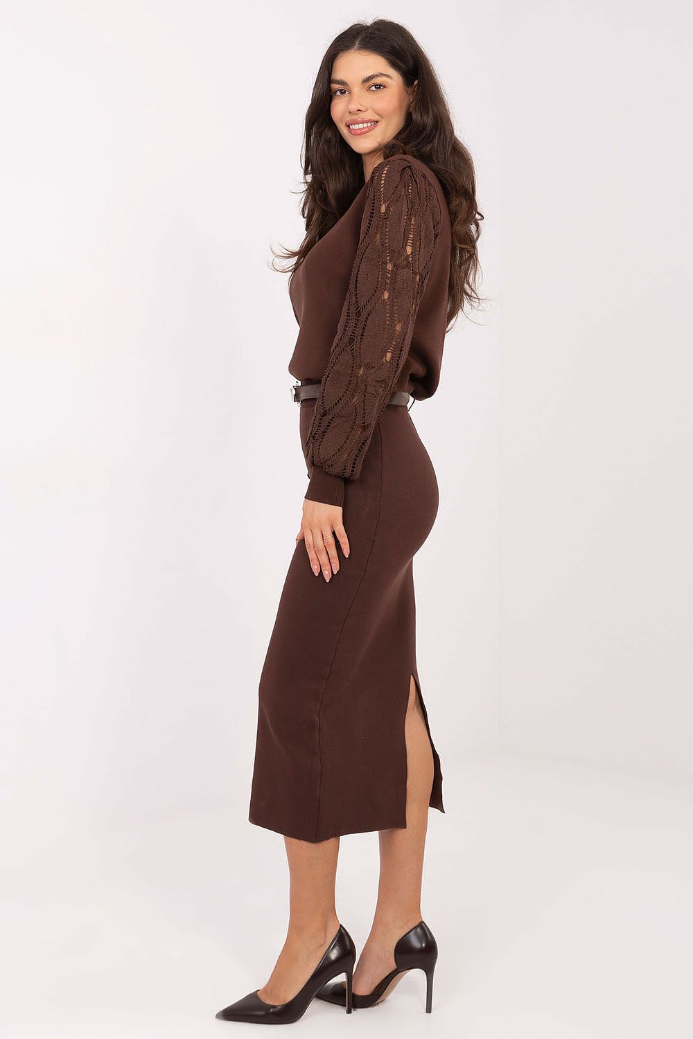 Chic Midi Knitted Skirt in Ribbed Viscose-Polyester Blend by Factory Price, showcasing elegant silhouette-enhancing design with soft fabric.