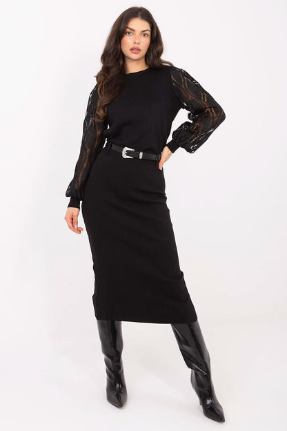Front view of Factory Price's chic Midi Knitted Skirt styled for formal occasions, featuring a tasteful slit for ease of movement and sophistication.