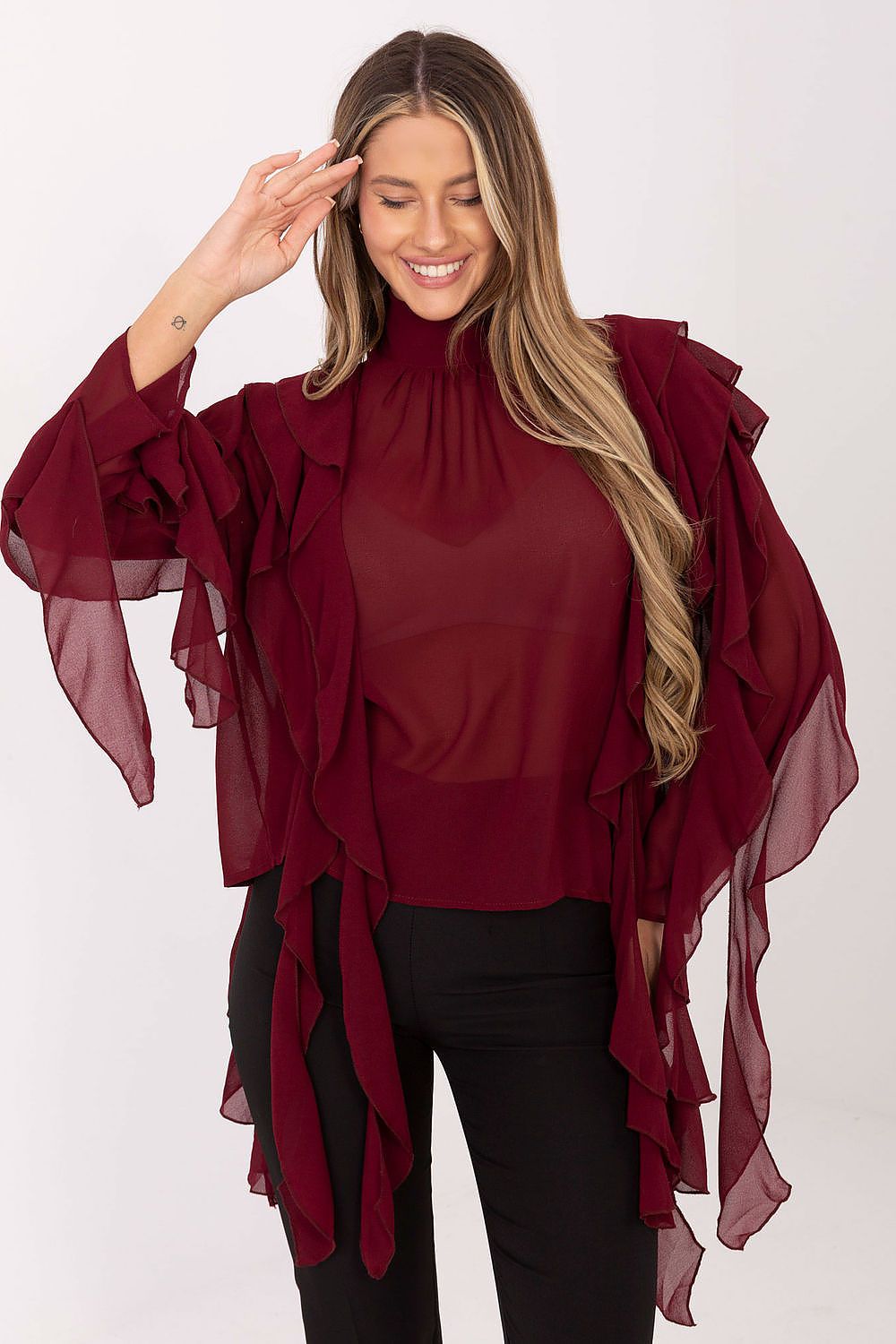 Elegant Women's Turtleneck Blouse in EU Size 0 by Factory Price, showcasing stylish long sleeves and ruffle embellishments, perfect for special occasions.