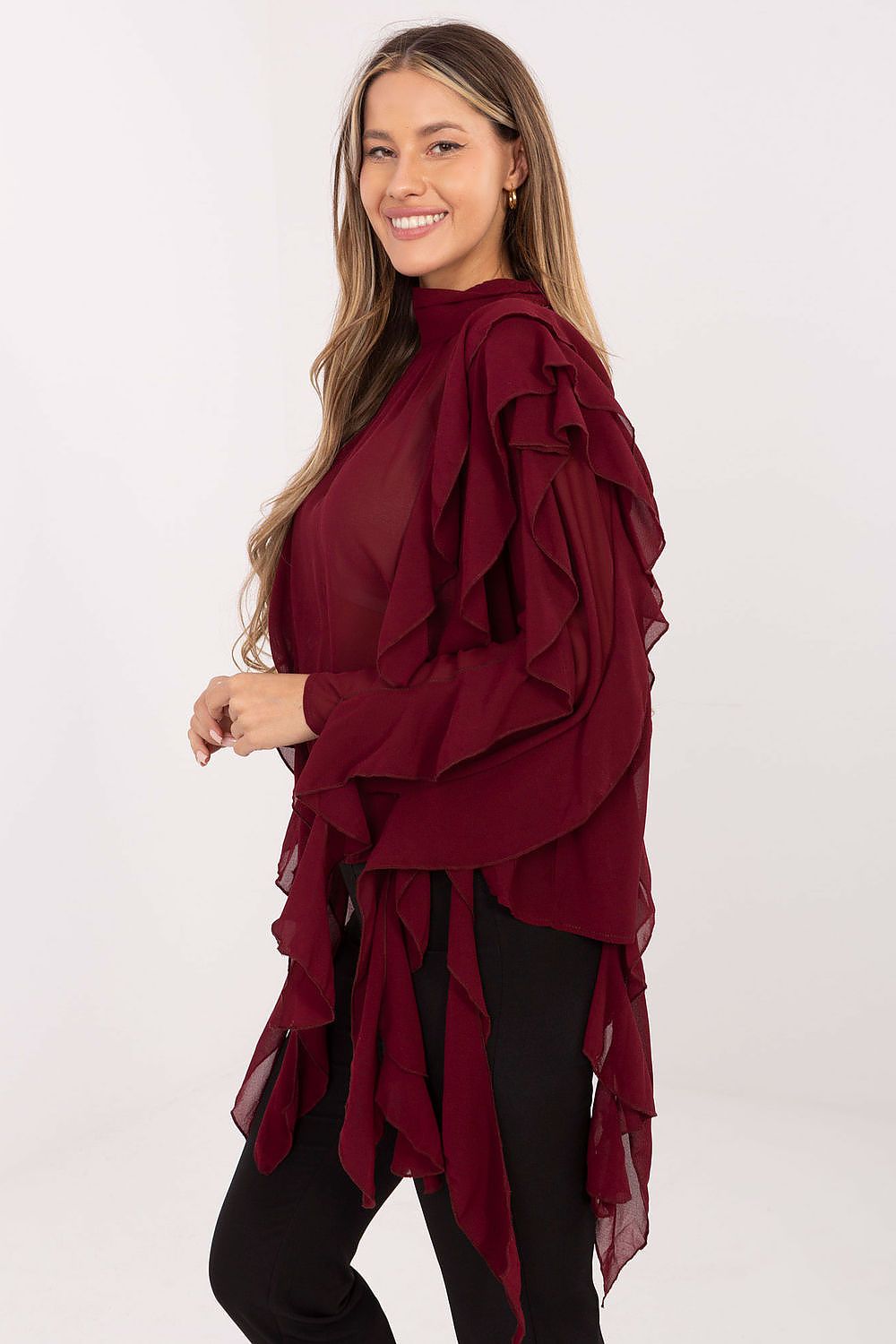 Elegant Women's Turtleneck Blouse by Factory Price featuring a luxurious viscose-polyester blend, showcasing intricate ruffle detailing and a sophisticated neckline.