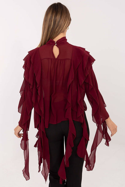 Stylish long-sleeved Elegant Women's Turtleneck Blouse from Factory Price, designed for an elegant silhouette with ruffle accents, perfect for any formal occasion.