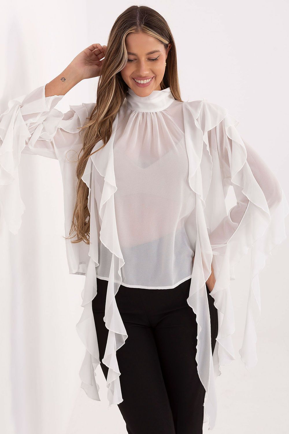 Factory Price's Elegant Women's Turtleneck Blouse displaying a chic turtleneck design, soft viscose-polyester fabric, and delicate back ruffles for a fashionable touch.