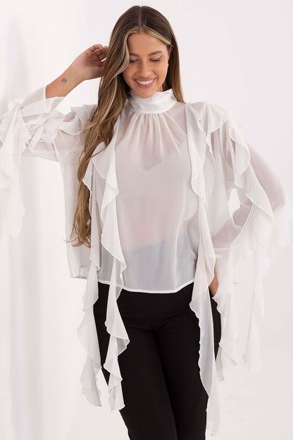 Factory Price's Elegant Women's Turtleneck Blouse displaying a chic turtleneck design, soft viscose-polyester fabric, and delicate back ruffles for a fashionable touch.