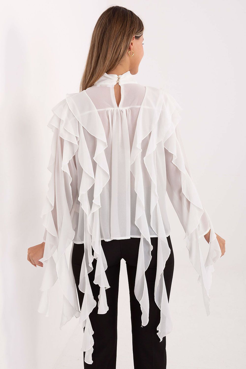 Elegant Women's Turtleneck Blouse by Factory Price, styled with tailored trousers to highlight its chic ruffle features, ideal for elevating everyday elegance.